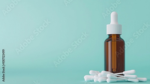 Small bottle of ear drops with cotton swabs, home treatment for earache, 3D illustration photo