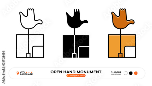 Open Hand Monument Line Icon. Chandigarh India, Silhouette, Color Symbol, Editable Stroke.