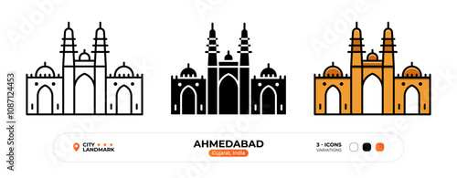 Ahmedabad Line Icon. Gujarat India, Silhouette, Color Symbol, Editable Stroke.