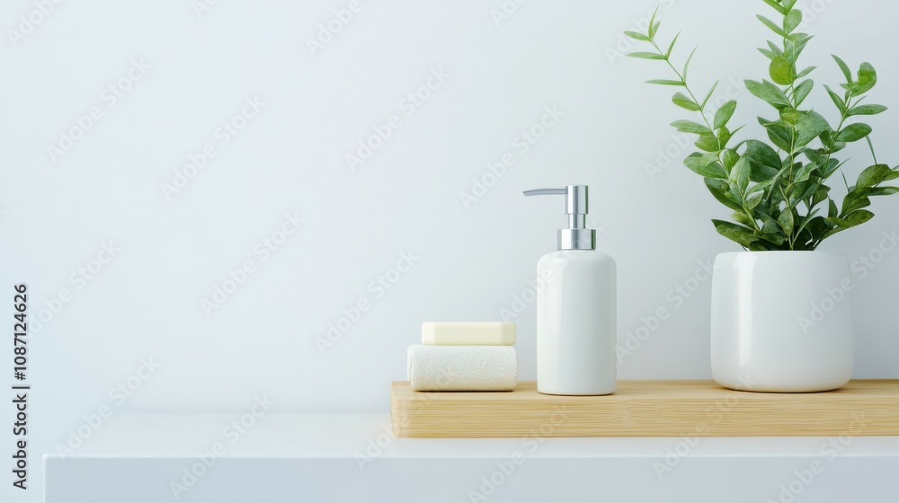 custom made wallpaper toronto digitalA white shelf with a soap dispenser, a bottle of lotion, and a potted plant