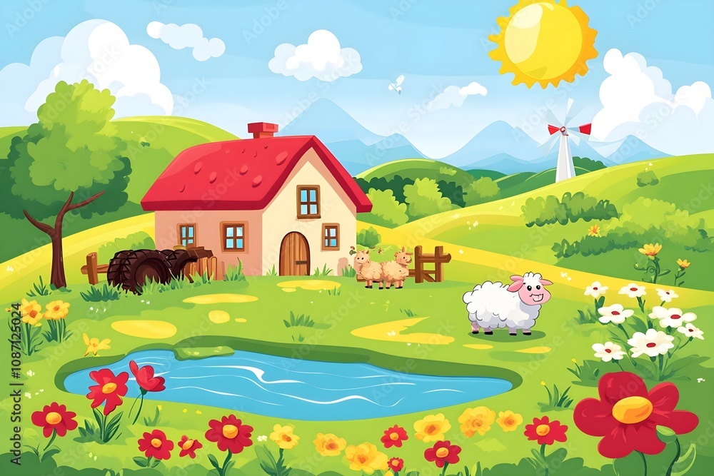 Fototapeta premium Beautiful landscape vector illustration of mountains, forests, fields and meadows. Stunning panoramic farm landscape with mountains in the background. Natural landscape