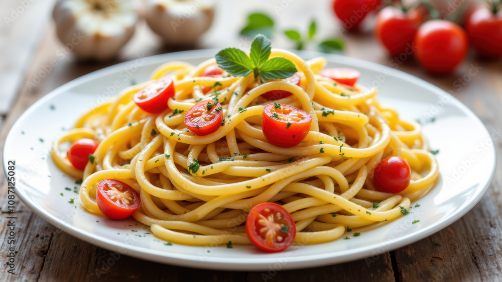 Mafaldine pasta with cherry tomatoes on a white plate. Mafaldine pasta with cherry tomatoes on a white plate.