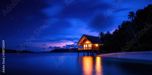 Charming beach hut nestled on a tranquil remote island, perfect for relaxation and escape into nature.