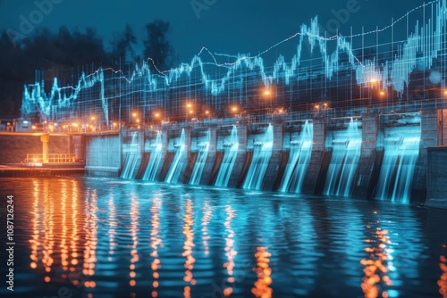 A futuristic dam with glowing water flow, illuminated by vibrant lights, showcasing data graphics overlaid on its structure. photo