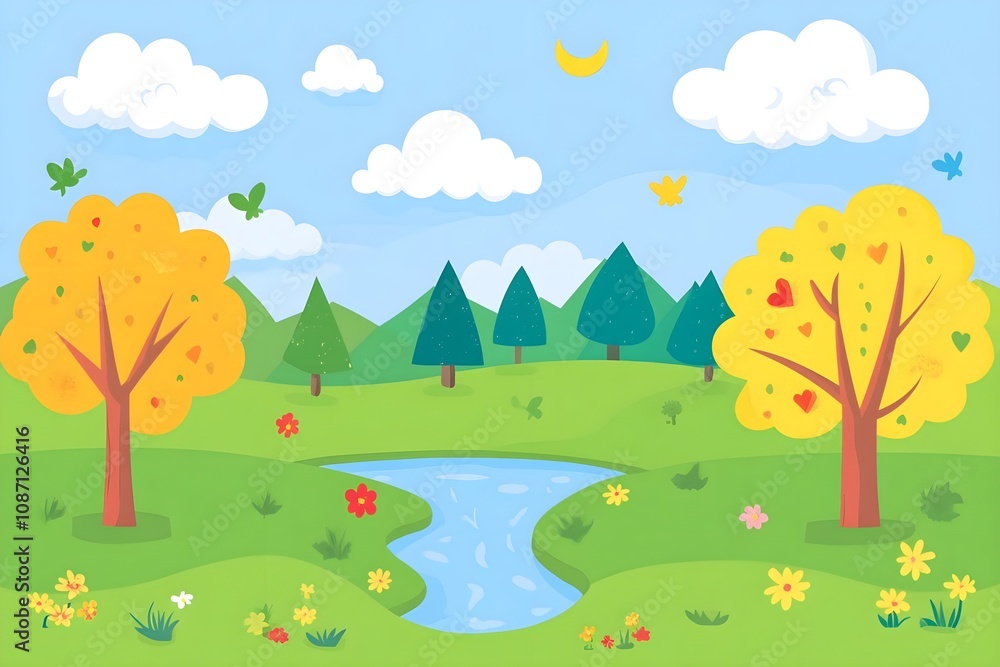 Obraz premium Beautiful landscape vector illustration of mountains, forests, fields and meadows. Stunning panoramic farm landscape with mountains in the background. Natural landscape
