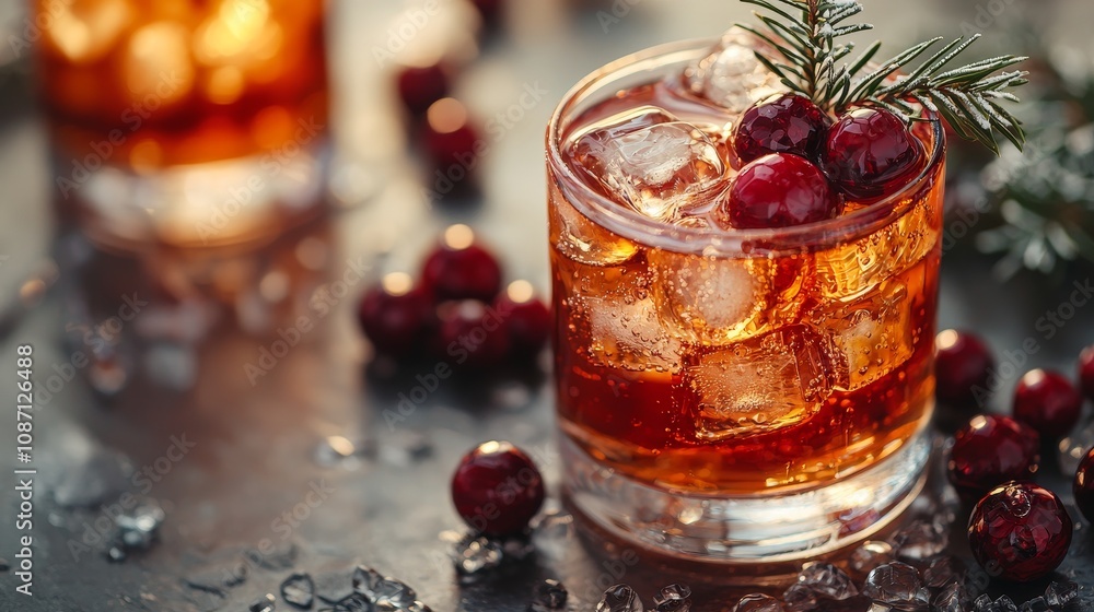 Refreshing cocktail with ice, cranberries, and decorative sprig on a dark background Refreshing cocktail with ice, cranberries, and decorative sprig on a dark background
