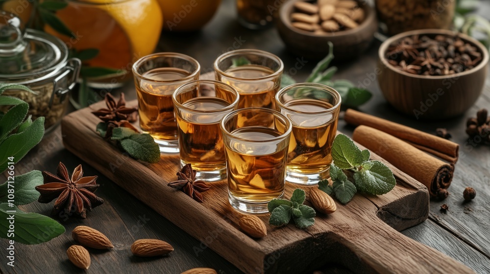 A elegant arrangement of herbal liqueur shots on a wooden tray surrounded by fresh herbs, dried citrus slices, star anise, cinnamon sticks, almonds and other natural spices. Rustic, Natural Aesthetic.