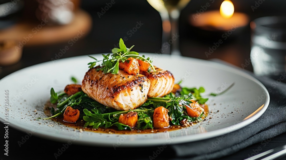 Gourmet seafood dish close-up, vibrant garnishes enhancing textures, exquisite culinary art on display, inviting and appetizing presentation Gourmet seafood dish close-up, vibrant garnishes enhancing textures, exquisite culinary art on display, inviting and appetizing presentation