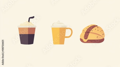 A stylish illustration featuring a coffee drink, beer, and a delicious sandwich, perfect for food lovers and culinary designs. photo