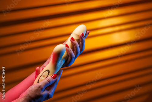 A womans hands with seductive red nails firmly hold and rotate a yellow clitoral vibrator showing its different sides. The neon light highlights the toy and hands against a glowing yellow background. photo