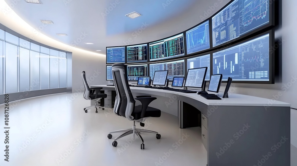 Futuristic High-Tech Control Room with Multiple Screens and Cybersecurity Concept Futuristic High-Tech Control Room with Multiple Screens and Cybersecurity Concept