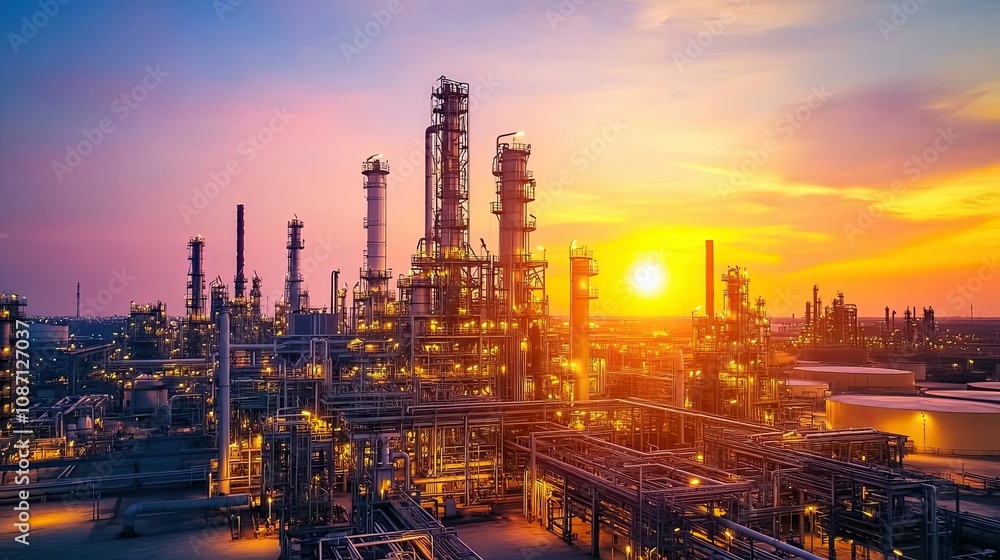 Industrial Refinery Silhouetted Against a Vibrant Sunset Sky Industrial Refinery Silhouetted Against a Vibrant Sunset Sky