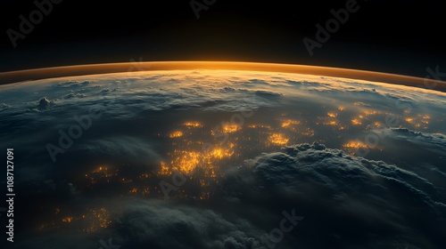 Earth viewed from space during sunrise, showing atmospheric glow, sunbeams through clouds, city lights, and dramatic orbital perspective of planet surface. photo