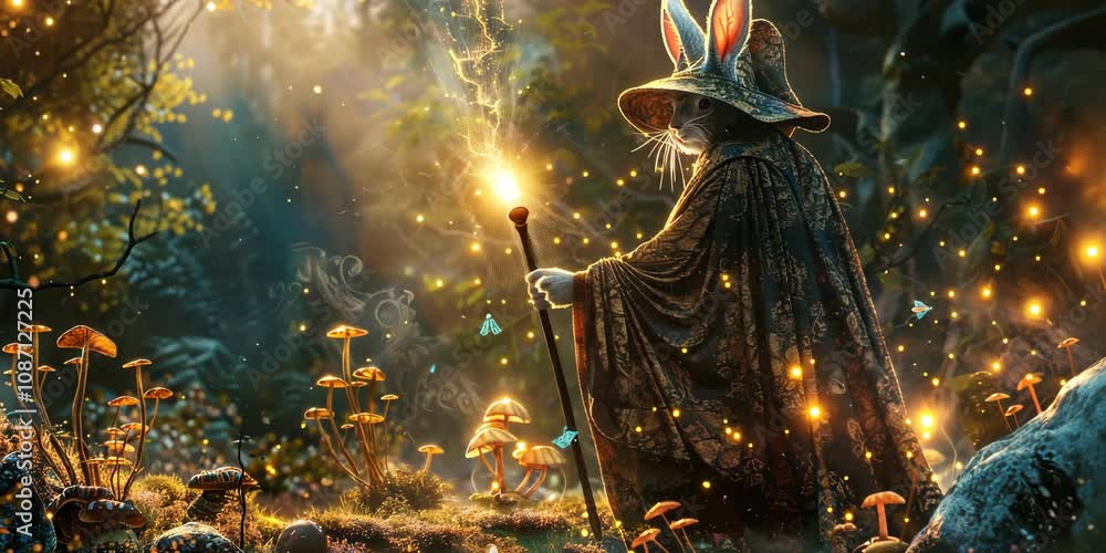 Whimsical rabbit dressed as a wizard, with a long robe and magic wand ...