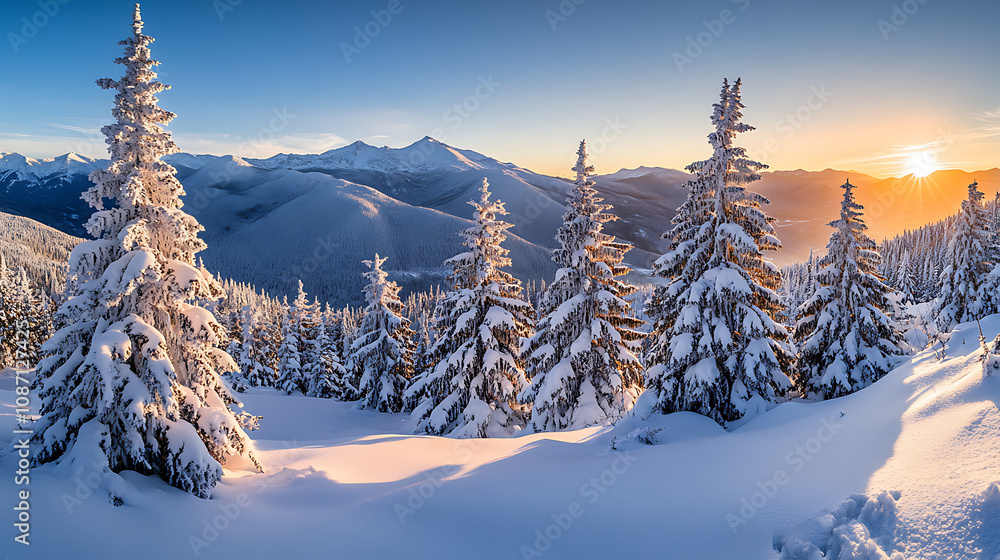 A snowy mountain landscape at sunrise, featuring pine trees covered in fresh snow and a clear blue sky Highlighting the beauty of imperfections f/1.4 wide aperture Centered subject High dynamic A snowy mountain landscape at sunrise, featuring pine trees covered in fresh snow and a clear blue sky Highlighting the beauty of imperfections f/1.4 wide aperture Centered subject High dynamic
