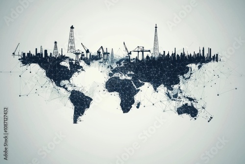 Wallpaper Mural This artistic world map showcases industrial elements like oil rigs and cranes, blending nature and technology. Torontodigital.ca