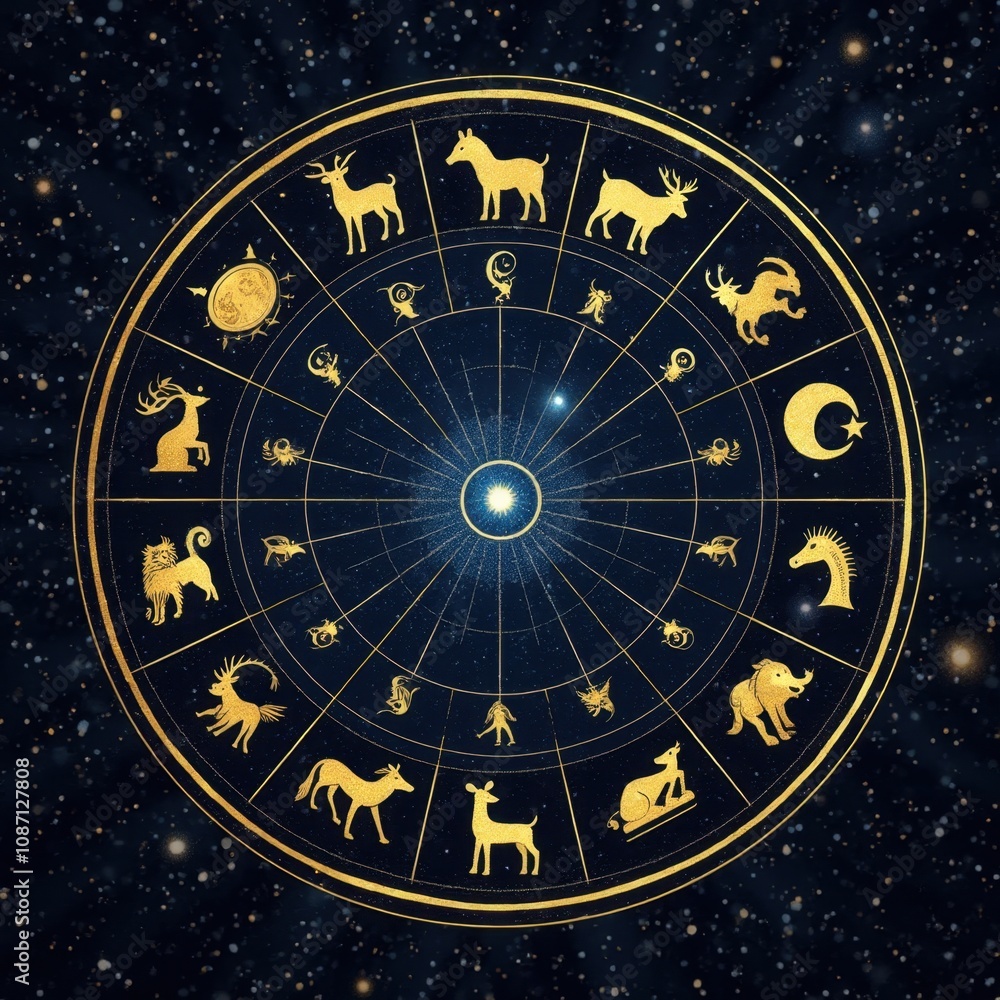 Obraz premium Zodiac Wheel Icon Against Starry Night Sky