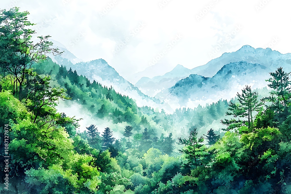 Fototapeta premium Misty Mountain Landscape A Watercolor-Style Illustration of a Serene Forest and Mountain Range.