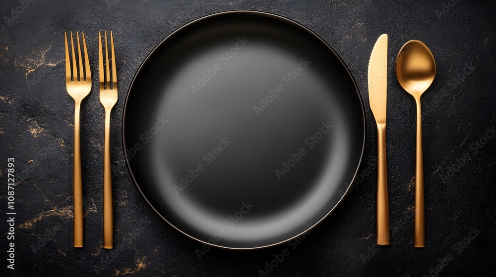 Luxury table setting with empty white ceramic plate and golden cutlery on black marble background, showcasing elegant fine dining presentation.