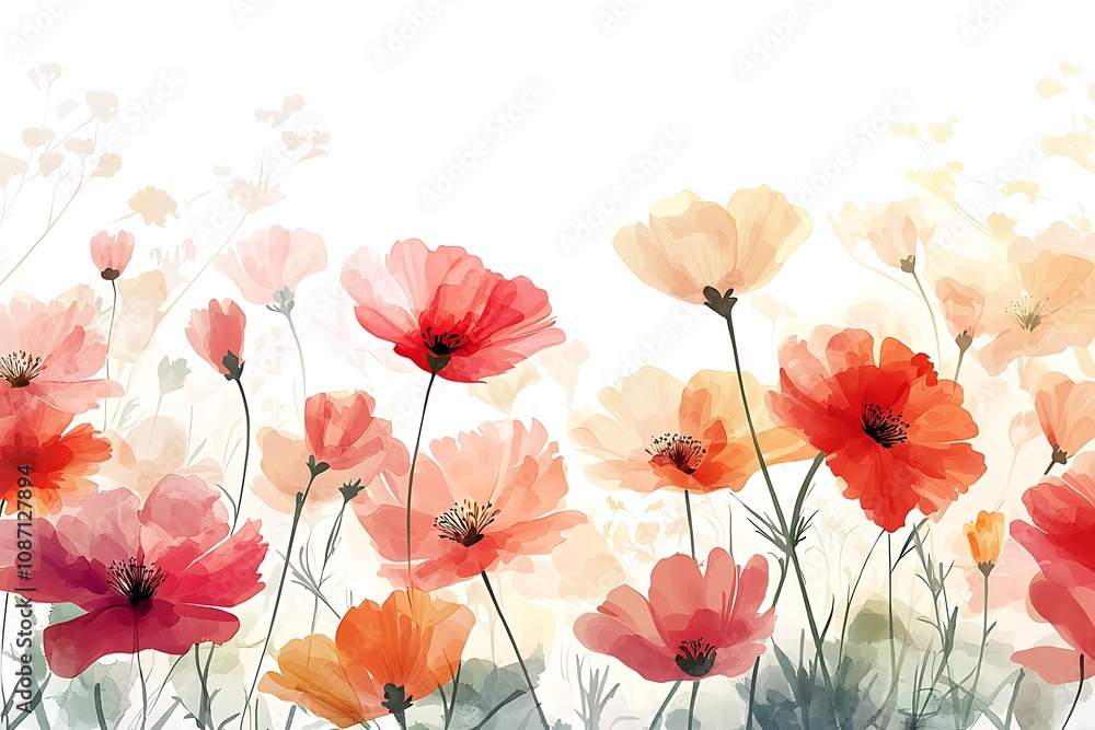 Watercolor Painting of a Field of Poppies and wildflowers in Soft Peach, Red, and Orange Hues. This artistic floral illustration is perfect for adding a touch of elegance to any design project. Watercolor Painting of a Field of Poppies and wildflowers in Soft Peach, Red, and Orange Hues. This artistic floral illustration is perfect for adding a touch of elegance to any design project.