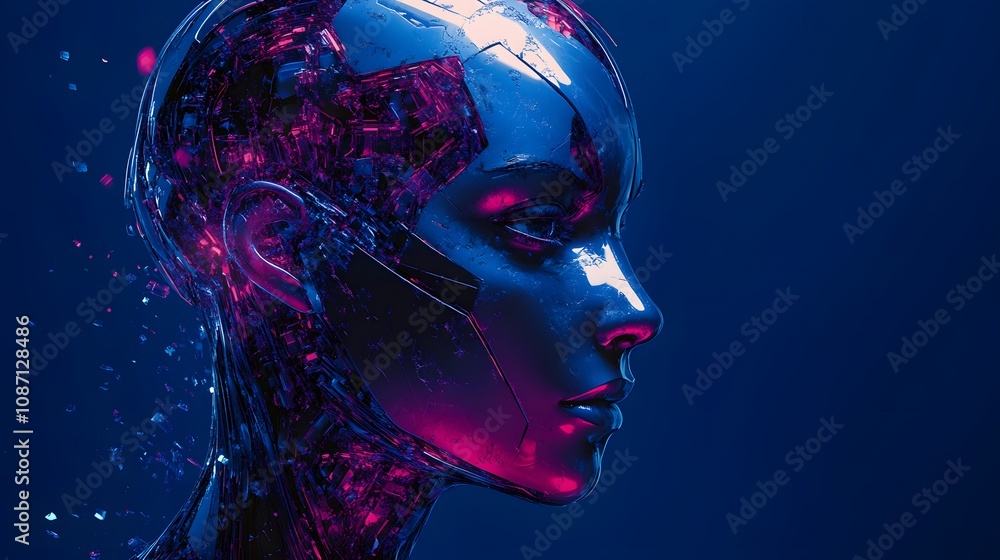 Futuristic cyborg profile with metallic android features, mechanical structure, and shattered glass effect, featuring chrome textures against deep blue background. Futuristic cyborg profile with metallic android features, mechanical structure, and shattered glass effect, featuring chrome textures against deep blue background.