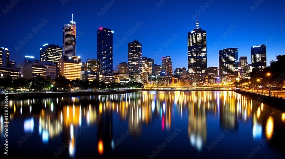 Naklejka premium Radiant Cityscape at Nightfall:A Mesmerizing Urban Panorama of Glittering Skylines and Tranquil