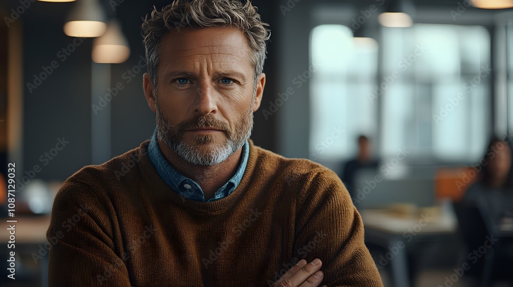 Fototapeta premium Executive with arms crossed confidently observing team discussions in an open office wearing a serious expression real photo
