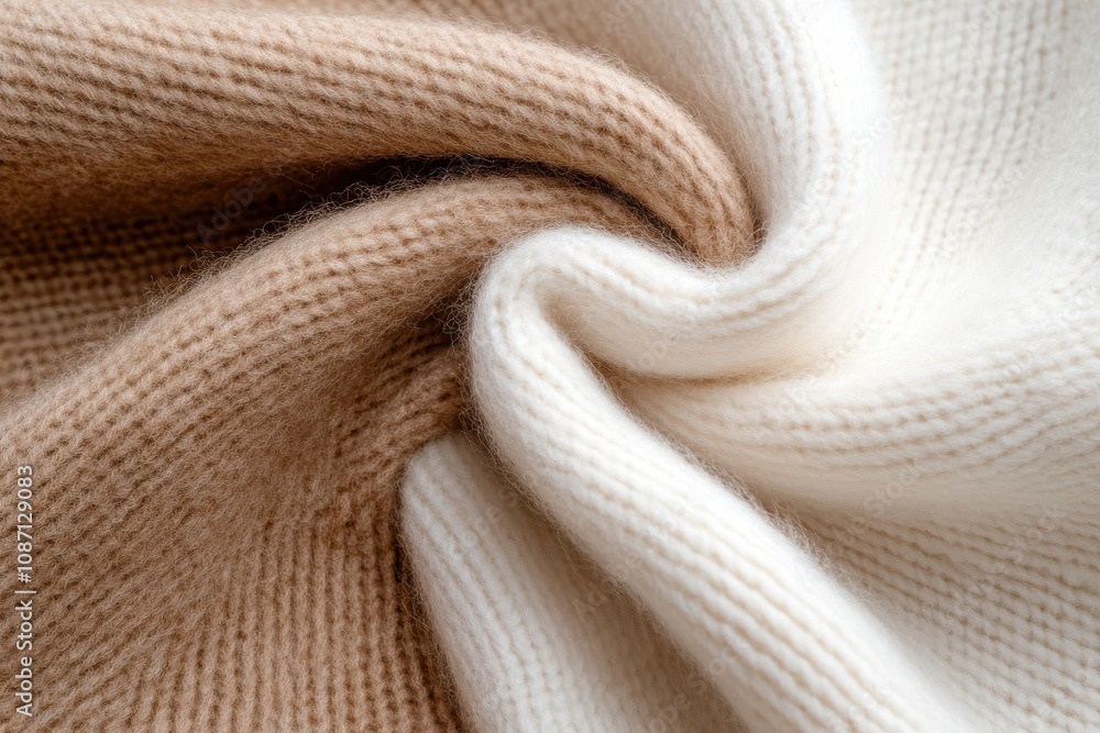 Fototapeta premium A detailed closeup of beige and white knitted fabric, emphasizing the softness and intricate weave of the material, great for cozy home decor ideas.