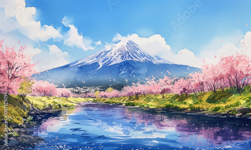 Watercolor Fuji mountain and Pink Sakura Trees along Uruigawa River in Spring, Fujinomiya, Shizuoka, Japan photo