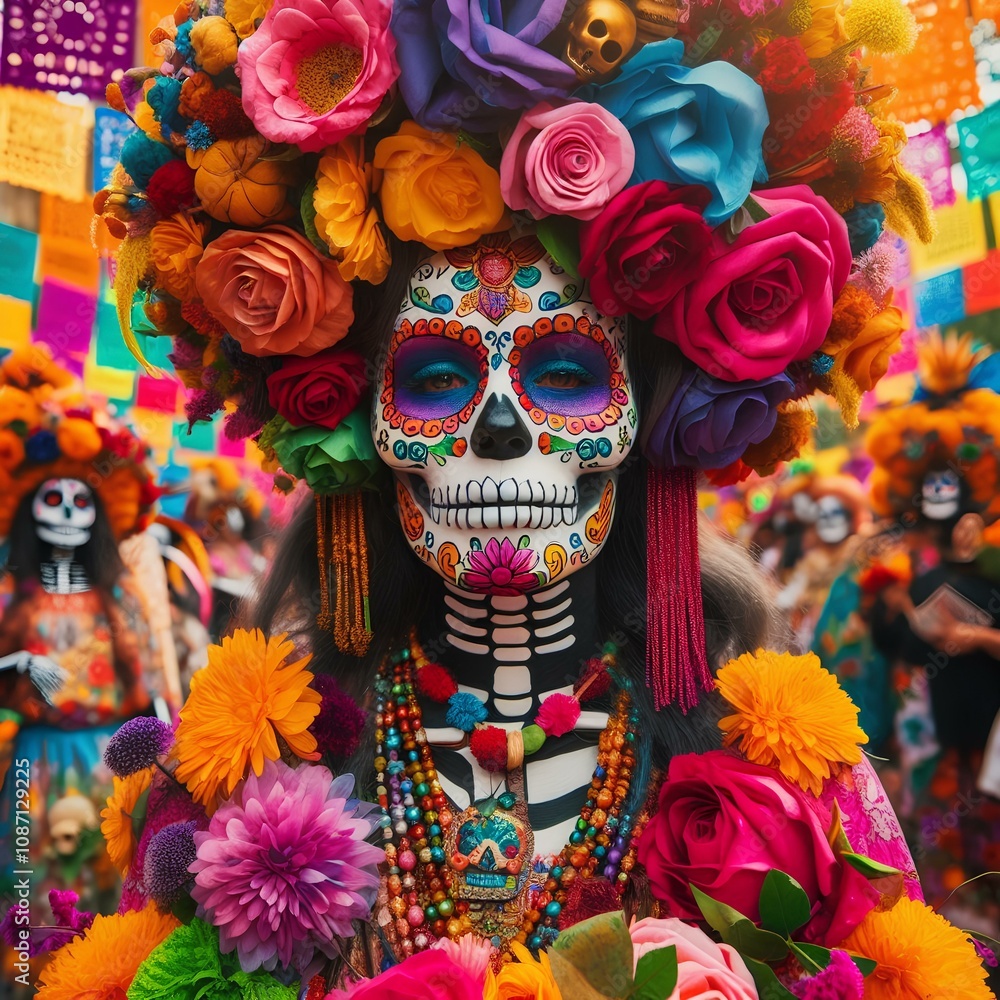 A vibrant Day of the Dead festival with colorful face paint, flowers, and traditional decorations in Mexico. A vibrant Day of the Dead festival with colorful face paint, flowers, and traditional decorations in Mexico.