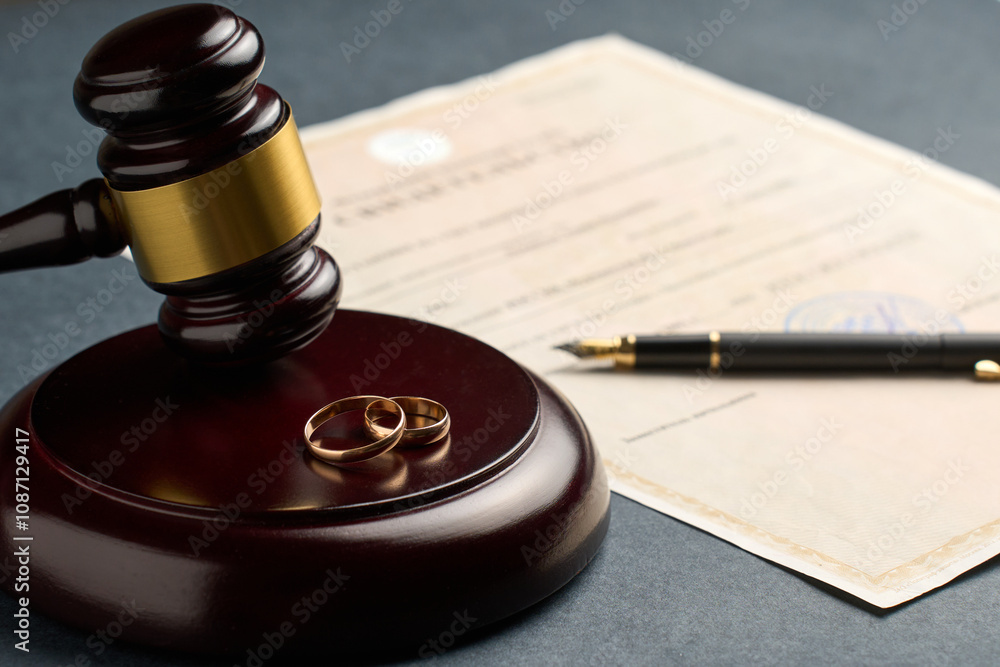 Divorce and separation concept. Judge gavel with wedding rings and divorce decree. Marital agreement, legalities of divorce Divorce and separation concept. Judge gavel with wedding rings and divorce decree. Marital agreement, legalities of divorce