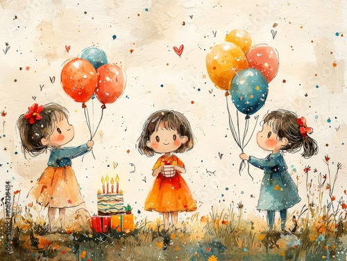 Three children are celebrating birthday party joyfully holding balloons and cake amidst cheerful decorations highlight festive atmosphere family celebration. photo