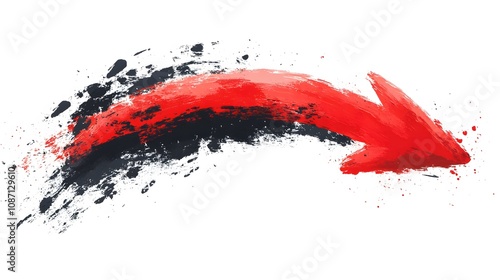 Hand-drawn red arrow with upward curve, featuring brush stroke style and marker texture, showing dynamic movement against white background. photo