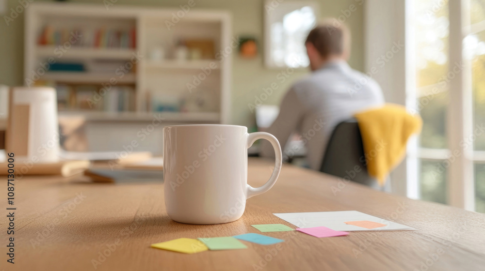 Kaffeetasse auf Schreibtisch mit Post-its in kreativem Büro und verschwommener Person im Hintergrund Kaffeetasse auf Schreibtisch mit Post-its in kreativem Büro und verschwommener Person im Hintergrund