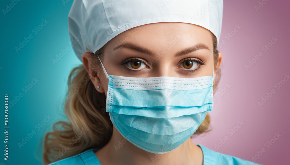 nurse with a surgical mask divine feminine energy combined with radiant colors photography with enhanced details, flash photography