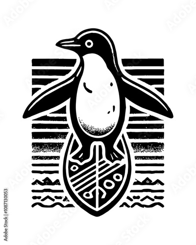 penguin surfing board engraving black and white outline