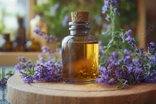 A bottle of lavender essential oil sitting on top of a wooden table