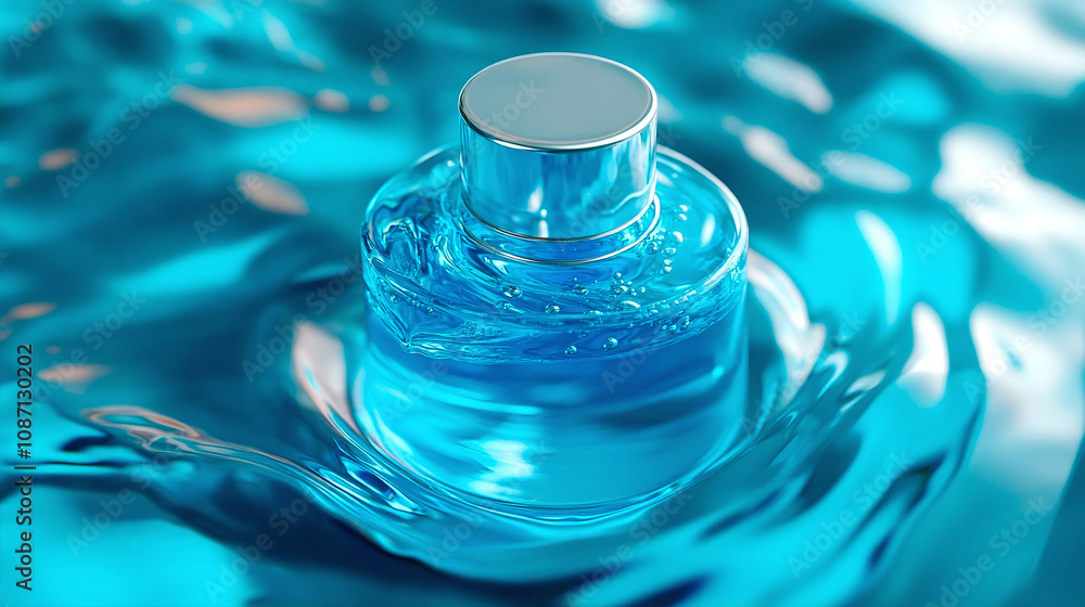 a bottle of perfume or cologne that is on the surface of the water. The bottle has a rounded shape and is made of transparent glass through which the blue liquid is visible. a bottle of perfume or cologne that is on the surface of the water. The bottle has a rounded shape and is made of transparent glass through which the blue liquid is visible.