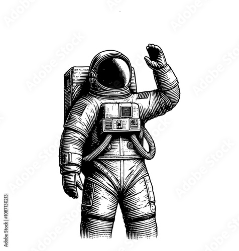 astronaut wave hand engraving black and white outline