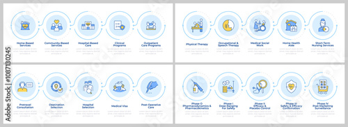 Medical service infographics set. Health tourism, caregiving. Flow charts infocharts with steps. Editable vector info graphics icons collection. Montserrat-SemiBold, Regular fonts used
