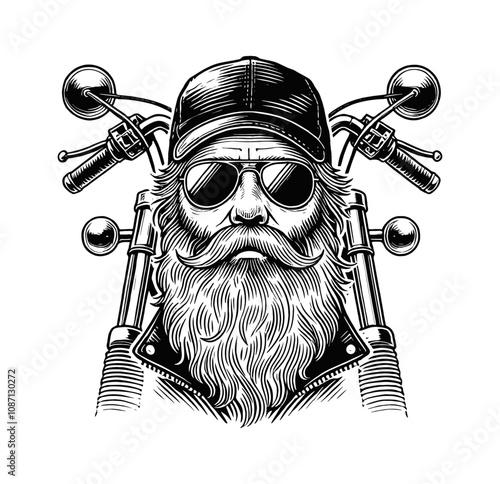 bearded old man in sunglasses and a cap with motorcycle engraving black and white outline