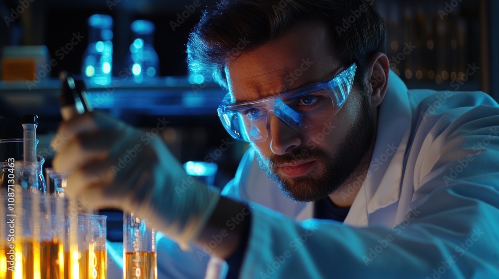 A man in a lab coat is wearing safety goggles and working with chemicals A man in a lab coat is wearing safety goggles and working with chemicals