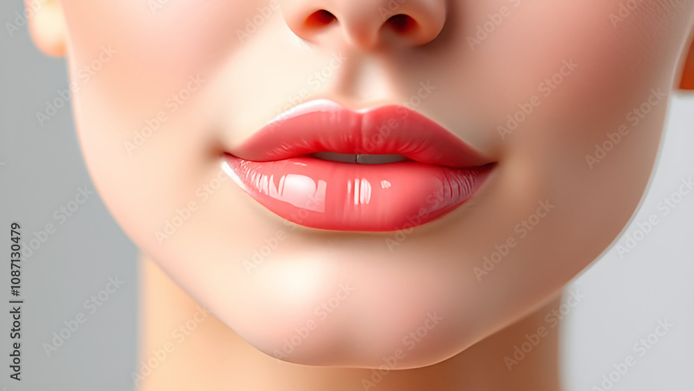 The lips are depicted in close-up. They are made up with bright pink lipstick with a glossy sheen The lips are depicted in close-up. They are made up with bright pink lipstick with a glossy sheen