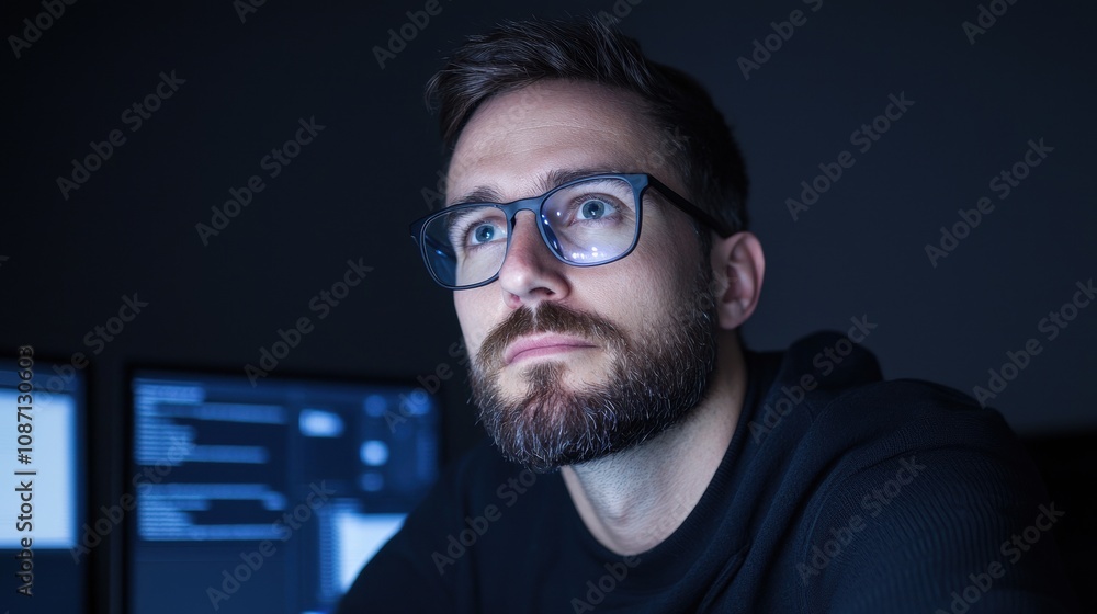 A man with glasses is staring at a computer screen A man with glasses is staring at a computer screen