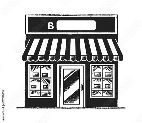 retro shop building engraving black and white outline