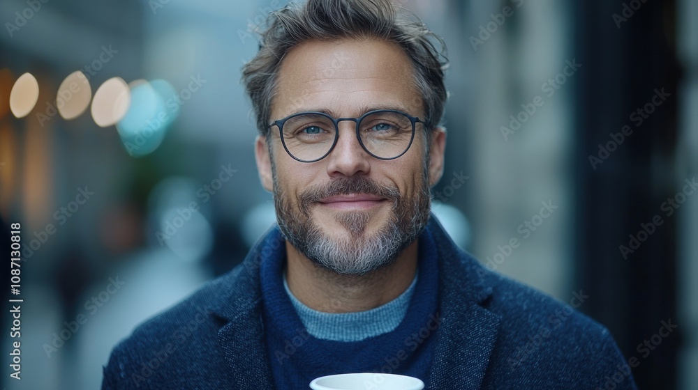 A man with glasses is smiling and holding a cup A man with glasses is smiling and holding a cup