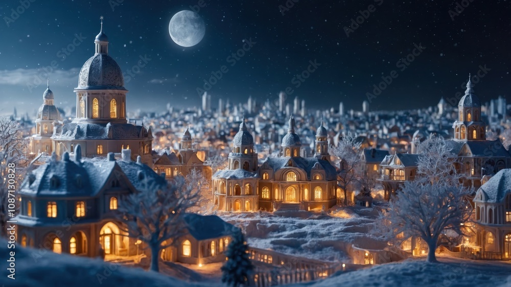 A snow-covered cityscape viewed from a distance, with numerous buildings blanketed in snow, creating a peaceful and wintery atmosphere A snow-covered cityscape viewed from a distance, with numerous buildings blanketed in snow, creating a peaceful and wintery atmosphere