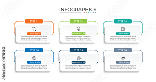 Process business infographic thin line with square template design with icons and 6 options or steps.