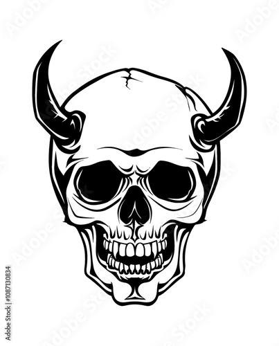 skull horn engraving black and white outline