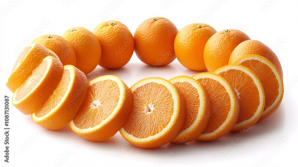 Isolated on white background a collection of ripe oranges and halved orange slices arranged in a circular formation with side empty space for text Stockphoto style Isolated on white background a collection of ripe oranges and halved orange slices arranged in a circular formation with side empty space for text Stockphoto style